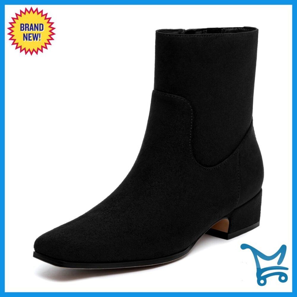 Chunky Low Heel Ankle Boots Square Toe Side Zipper Booties